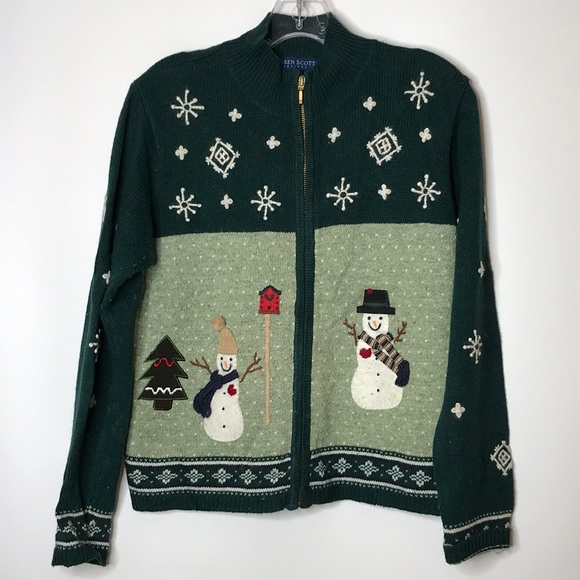 Karen Scott Green Winter Sweater with Snowmen and Snowflakes Petite Medium - Picture 1 of 11